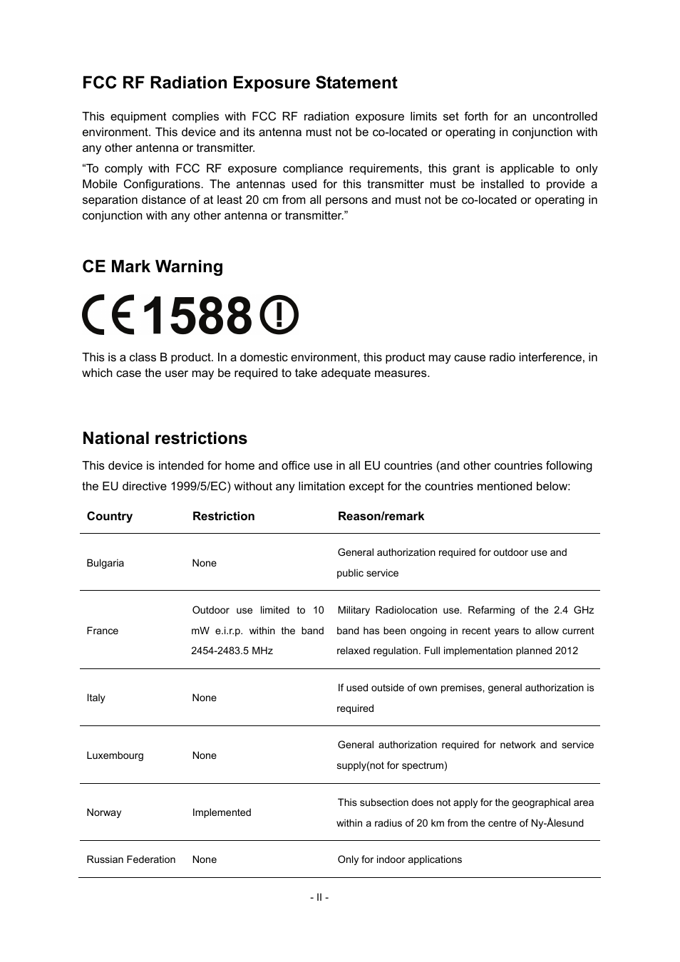 Fcc rf radiation exposure statement, Ce mark warning, National restrictions | TP-Link TL-WR941N User Manual | Page 3 / 76