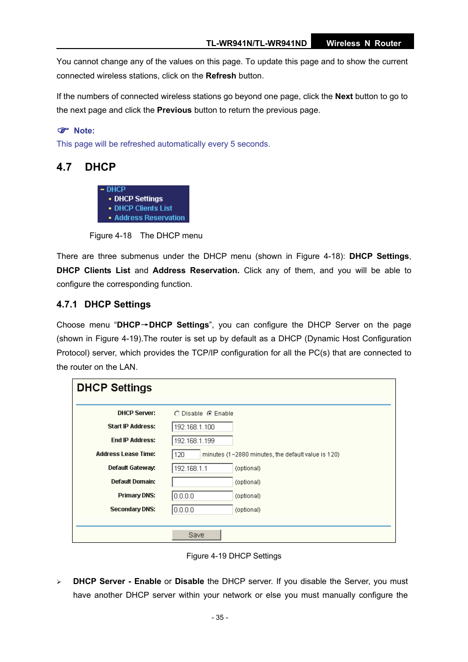 7 dhcp, 1 dhcp settings | TP-Link TL-WR941N User Manual | Page 40 / 76