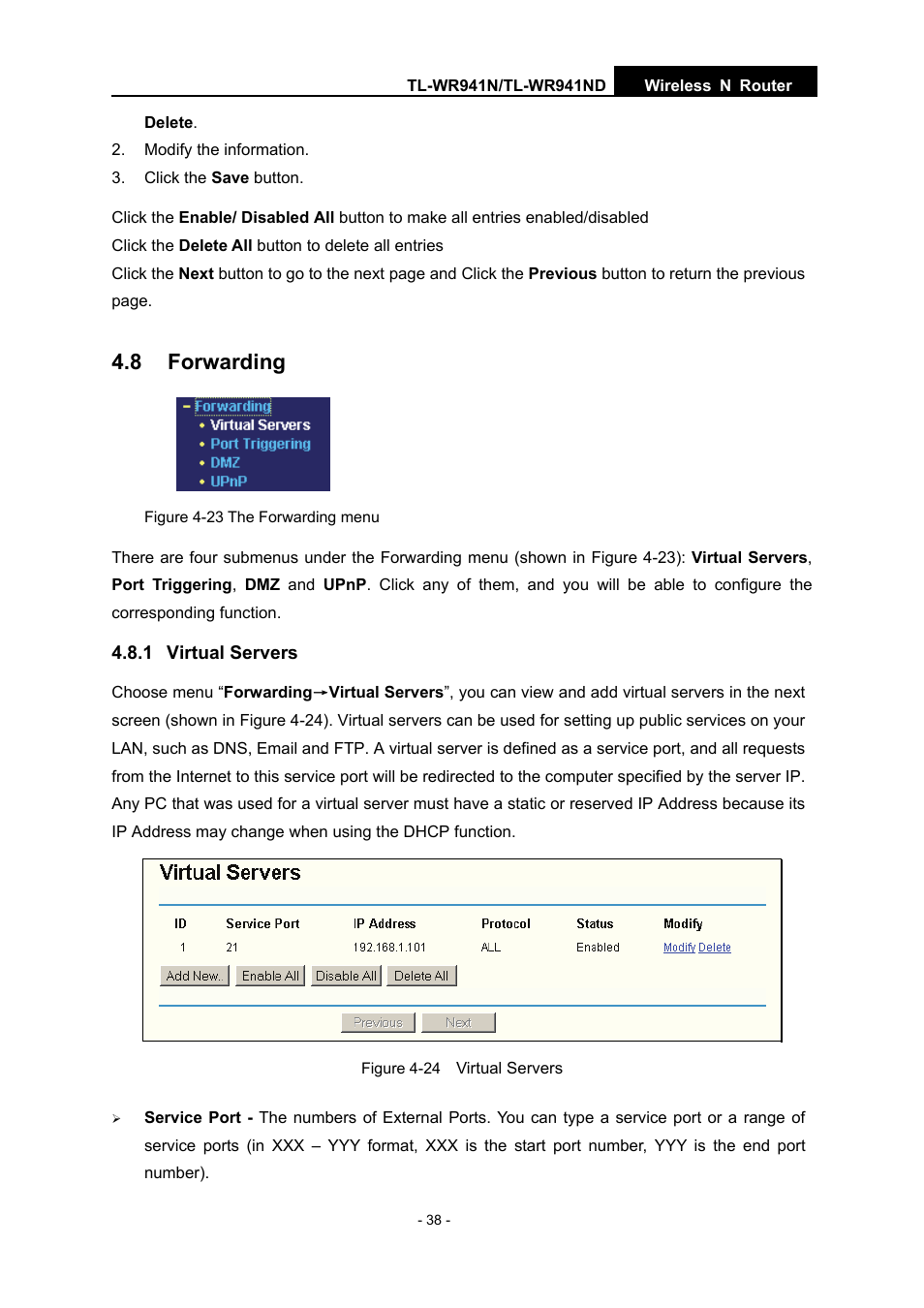 8 forwarding, 1 virtual servers | TP-Link TL-WR941N User Manual | Page 43 / 76