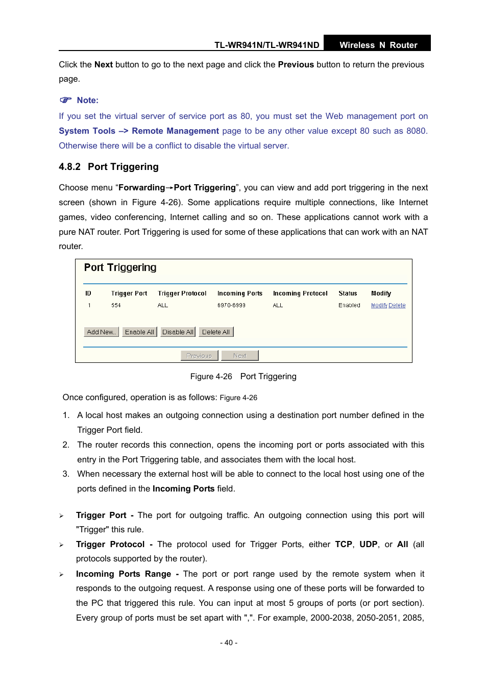 2 port triggering | TP-Link TL-WR941N User Manual | Page 45 / 76