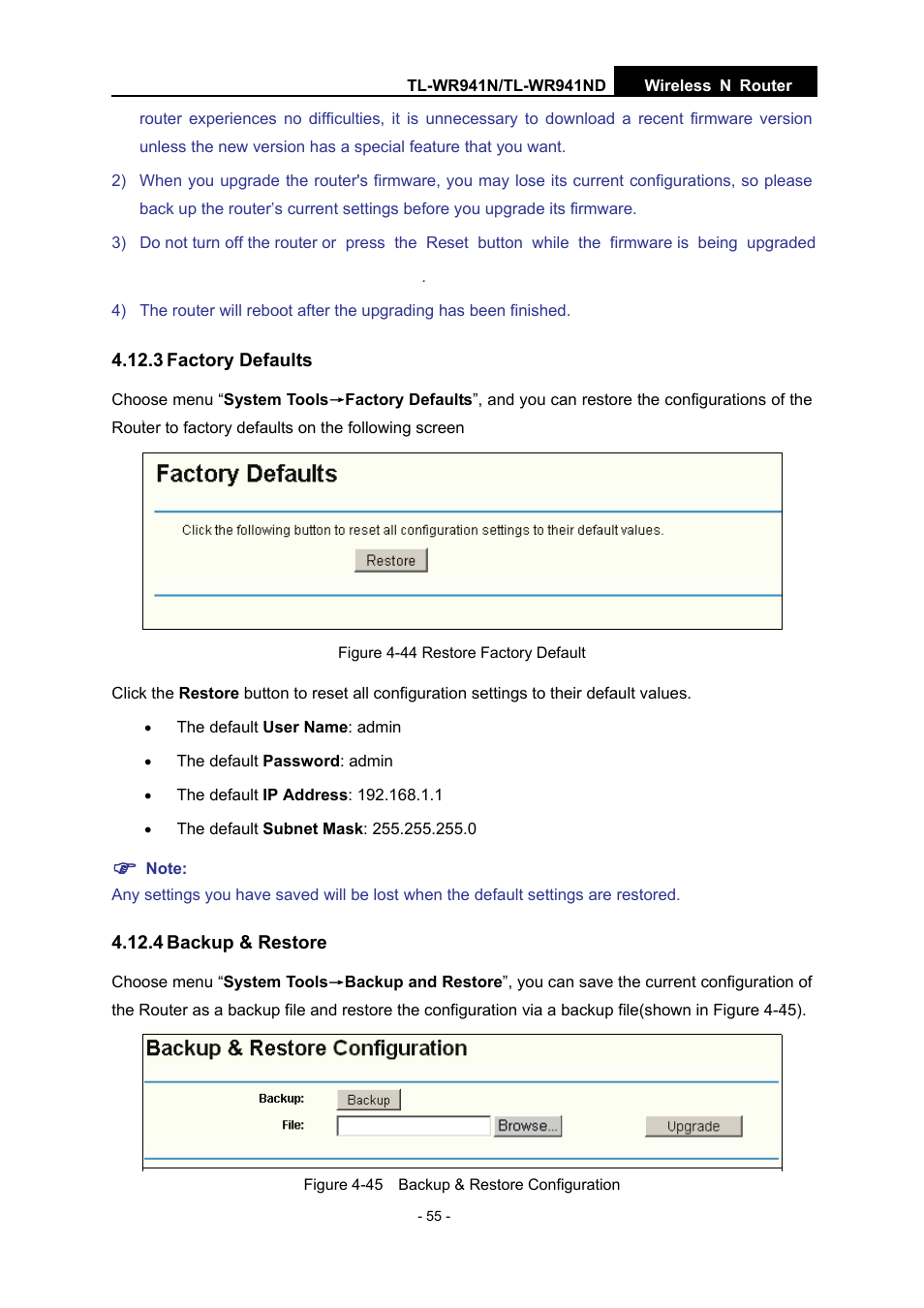 3 factory defaults, 4 backup & restore | TP-Link TL-WR941N User Manual | Page 60 / 76