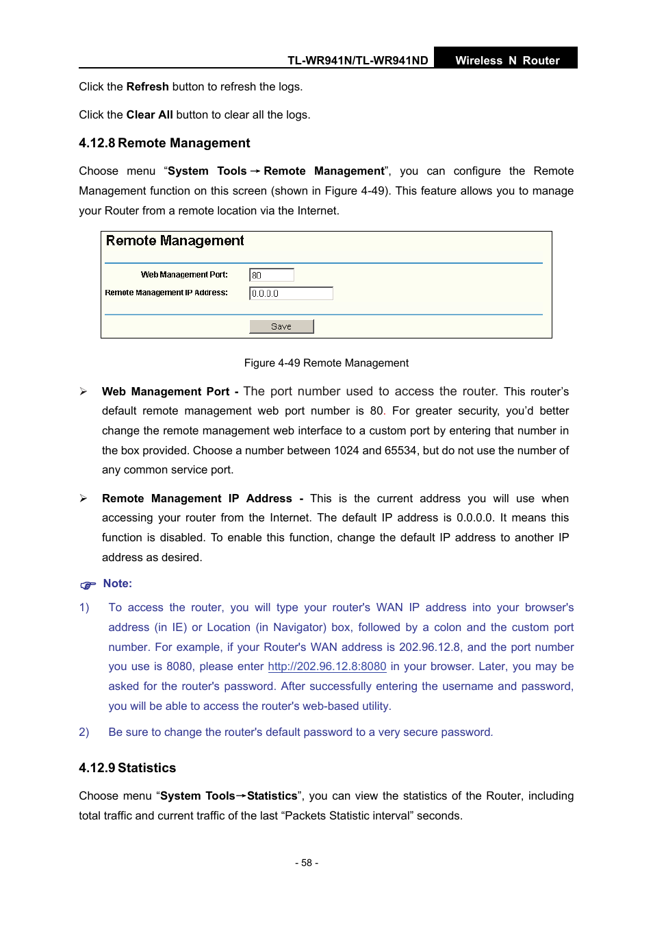 8 remote management, 9 statistics | TP-Link TL-WR941N User Manual | Page 63 / 76
