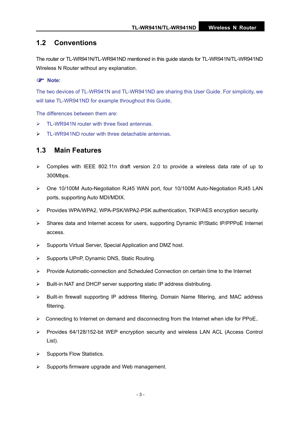 2 conventions, 3 main features, 3 main | Features | TP-Link TL-WR941N User Manual | Page 8 / 76