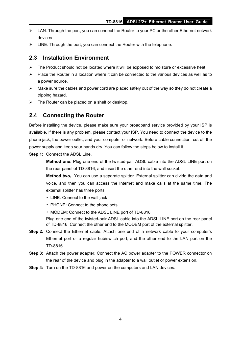 3 installation environment, 4 connecting the router, Installation environment | Connecting the router | TP-Link TD-8816 User Manual | Page 10 / 54