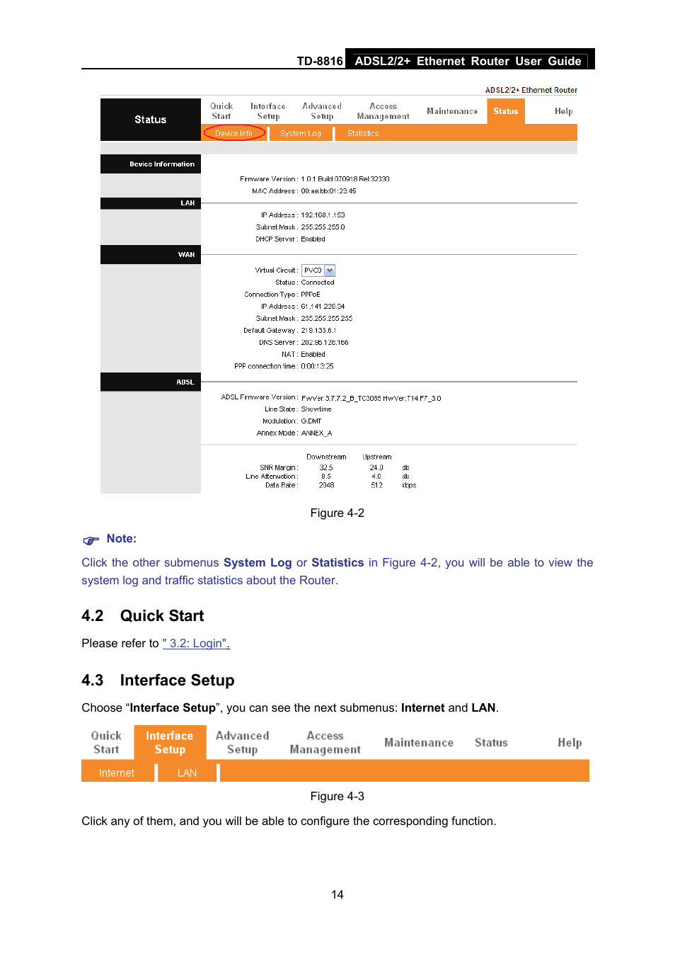 2 quick start, 3 interface setup, Quick start | Interface setup | TP-Link TD-8816 User Manual | Page 20 / 54