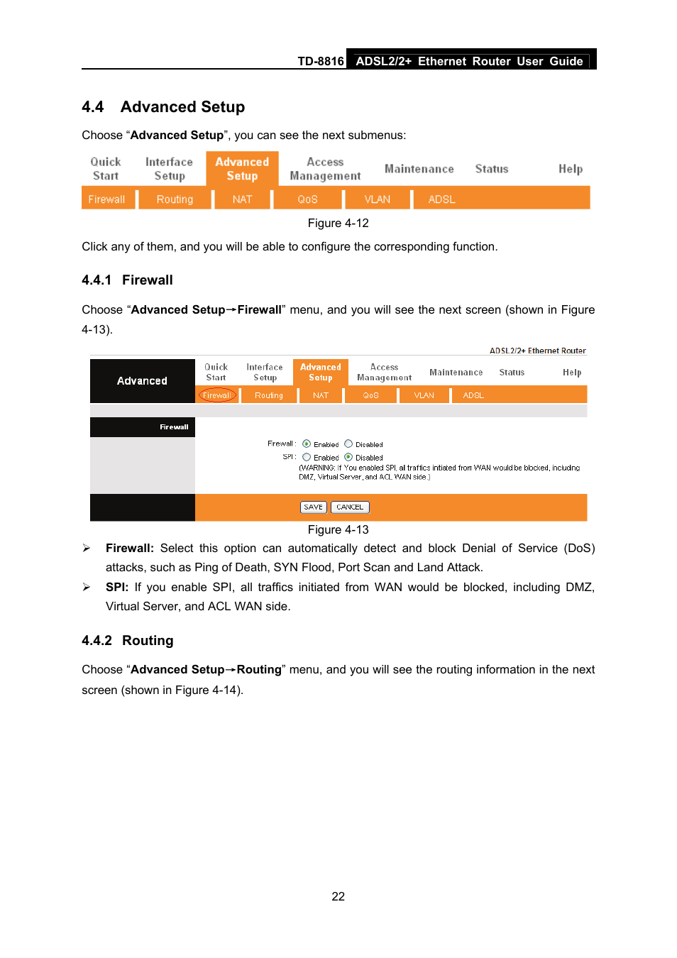 4 advanced setup, 1 firewall, 2 routing | Advanced setup, Firewall, Routing | TP-Link TD-8816 User Manual | Page 28 / 54