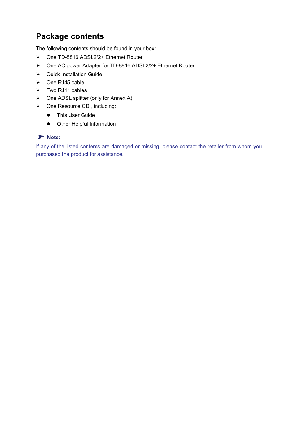 Package contents | TP-Link TD-8816 User Manual | Page 4 / 54