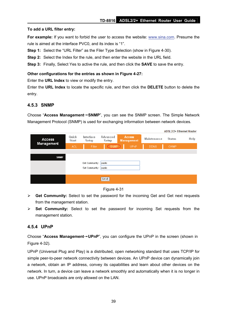 3 snmp, 4 upnp, Snmp | Upnp | TP-Link TD-8816 User Manual | Page 45 / 54