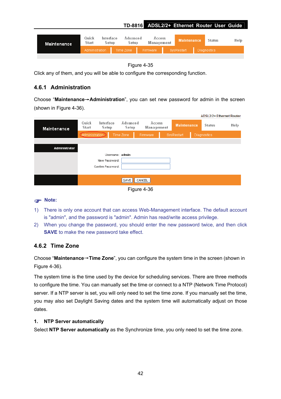 1 administration, 2 time zone, Administration | Time zone | TP-Link TD-8816 User Manual | Page 48 / 54