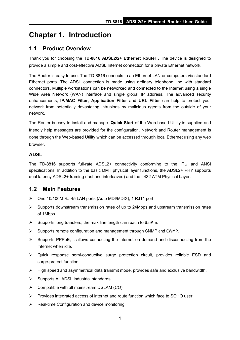 Chapter 1. introduction, 1 product overview, 2 main features | Chapter 1, Introduction, Product overview, Main features | TP-Link TD-8816 User Manual | Page 7 / 54
