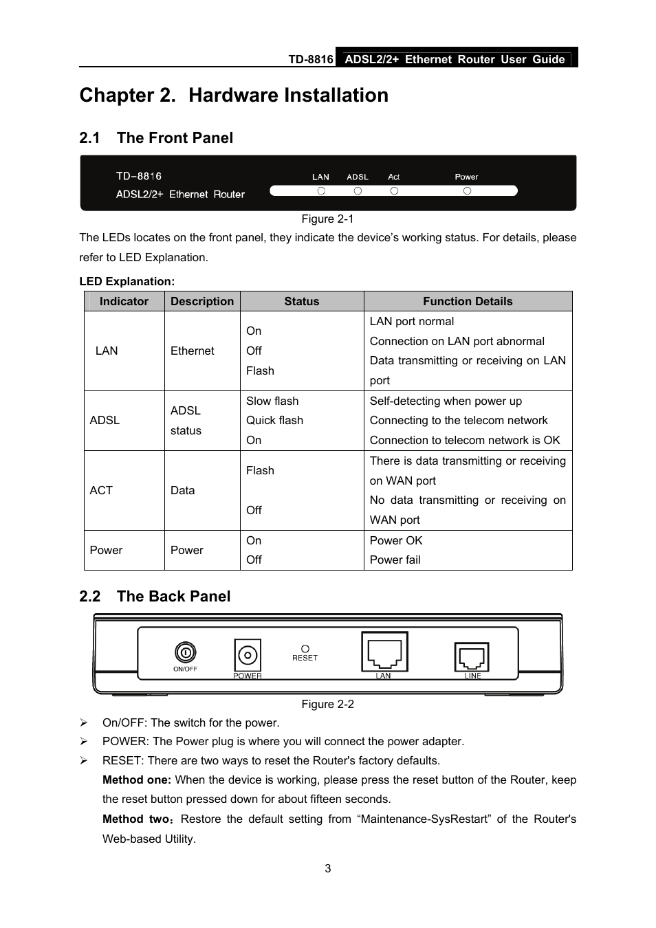 Chapter 2. hardware installation, 1 the front panel, 2 the back panel | Chapter 2, Hardware installation, The front panel, The back panel | TP-Link TD-8816 User Manual | Page 9 / 54