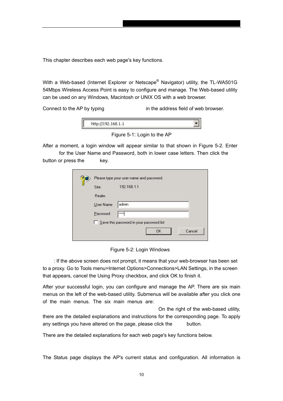 Chapter 5: configuring the ap, 1 login, 2 status | 1 login 5.2 status | TP-Link TL-WA501G User Manual | Page 15 / 43