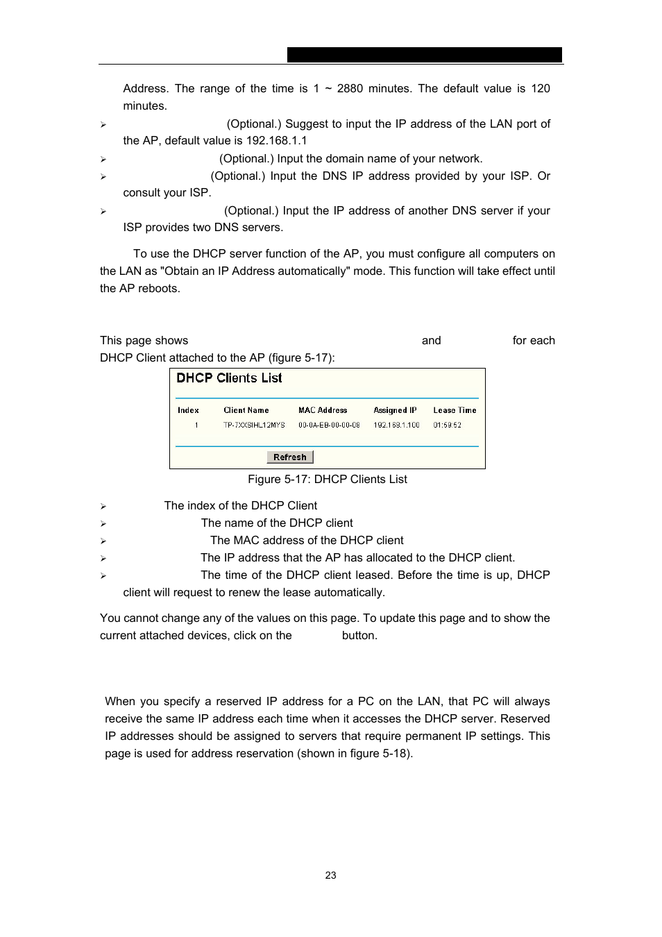 2 dhcp clients list, 3 address reservation, 2 dhcp clients list 5.5.3 address reservation | TP-Link TL-WA501G User Manual | Page 28 / 43