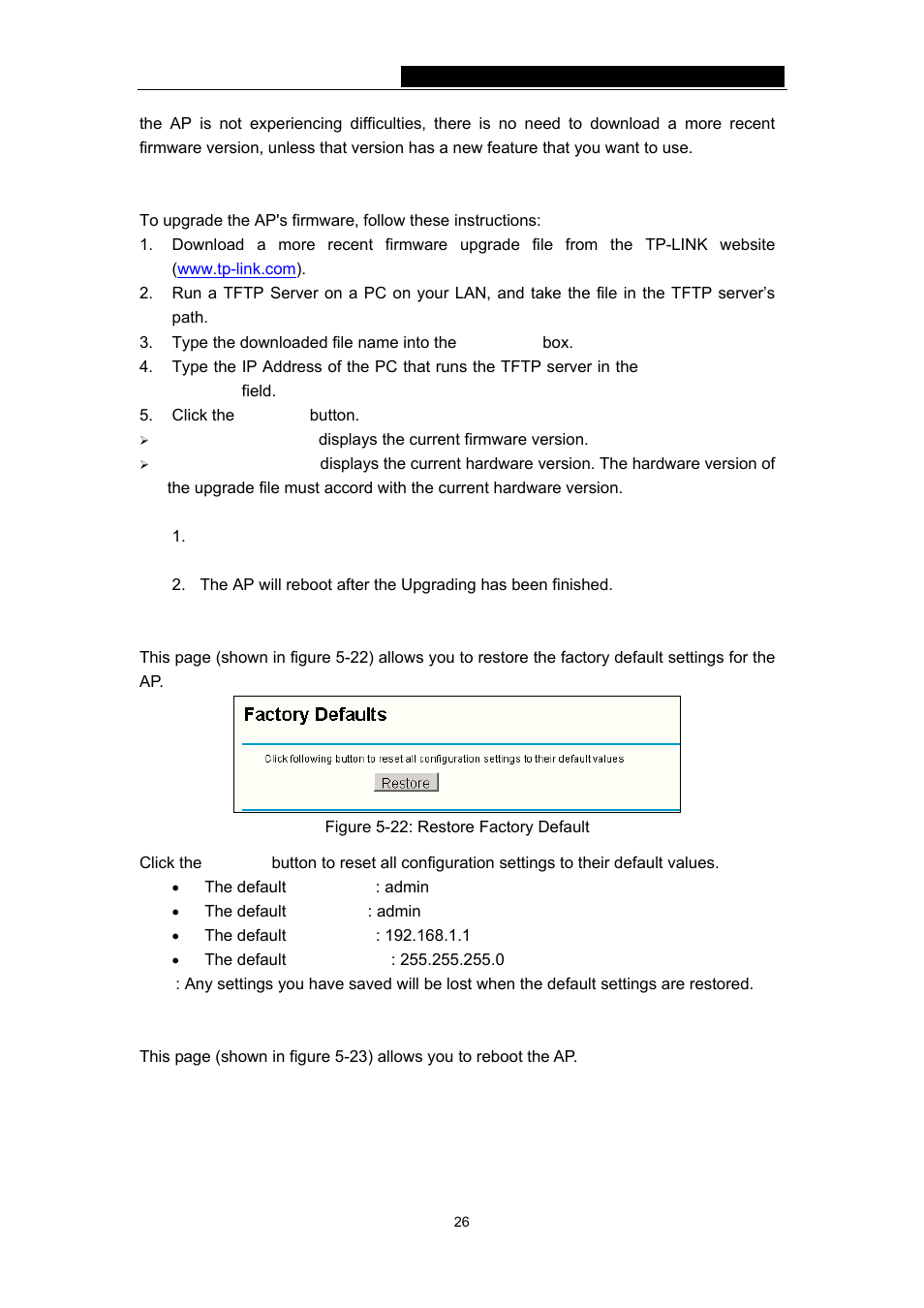 2 factory defaults, 3 reboot, 2 factory defaults 5.7.3 reboot | TP-Link TL-WA501G User Manual | Page 31 / 43