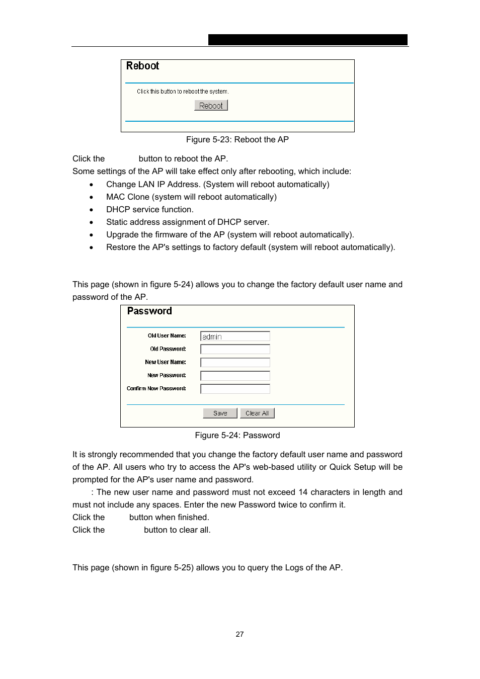 4 password, 5 log, 4 password 5.7.5 log | TP-Link TL-WA501G User Manual | Page 32 / 43