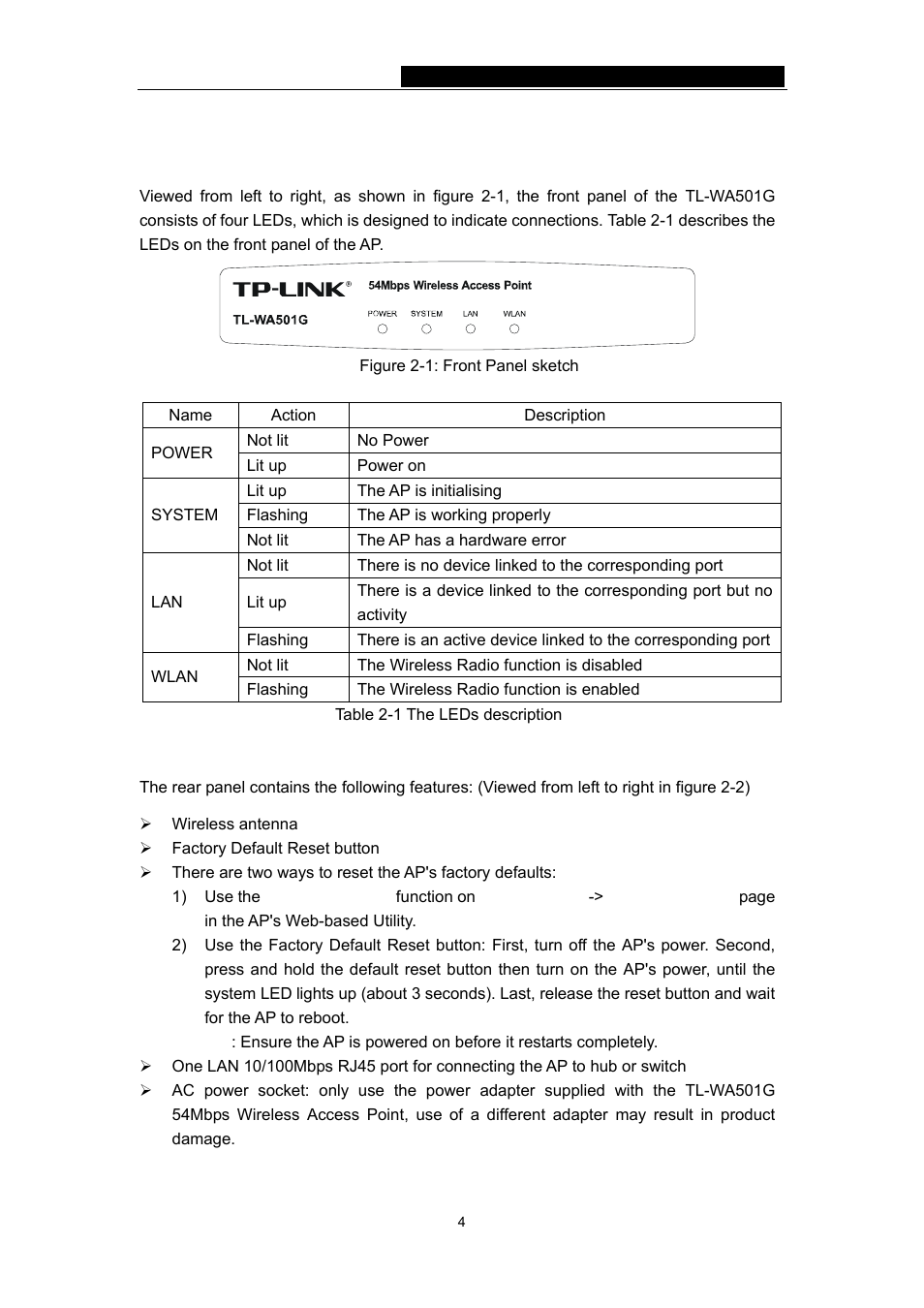 3 panel layout, 1 the front panel, 2 the rear panel | 1 the front panel 2.3.2 the rear panel | TP-Link TL-WA501G User Manual | Page 9 / 43