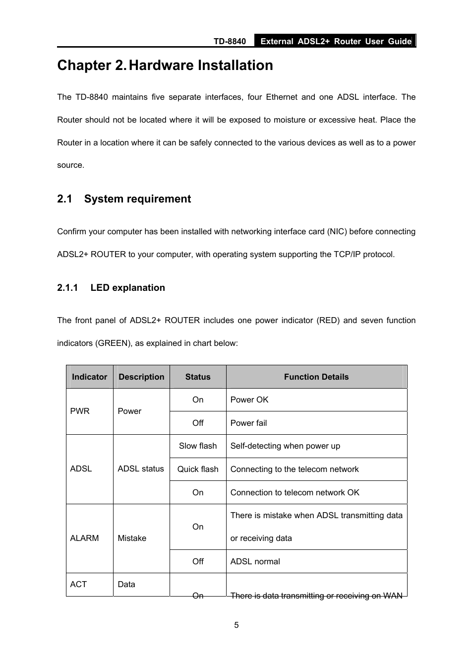 Chapter 2. hardware installation, 1 system requirement, 1 led explanation | TP-Link TD-8840 User Manual | Page 10 / 39