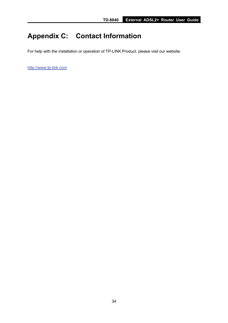 Appendix c: contact information | TP-Link TD-8840 User Manual | Page 39 / 39