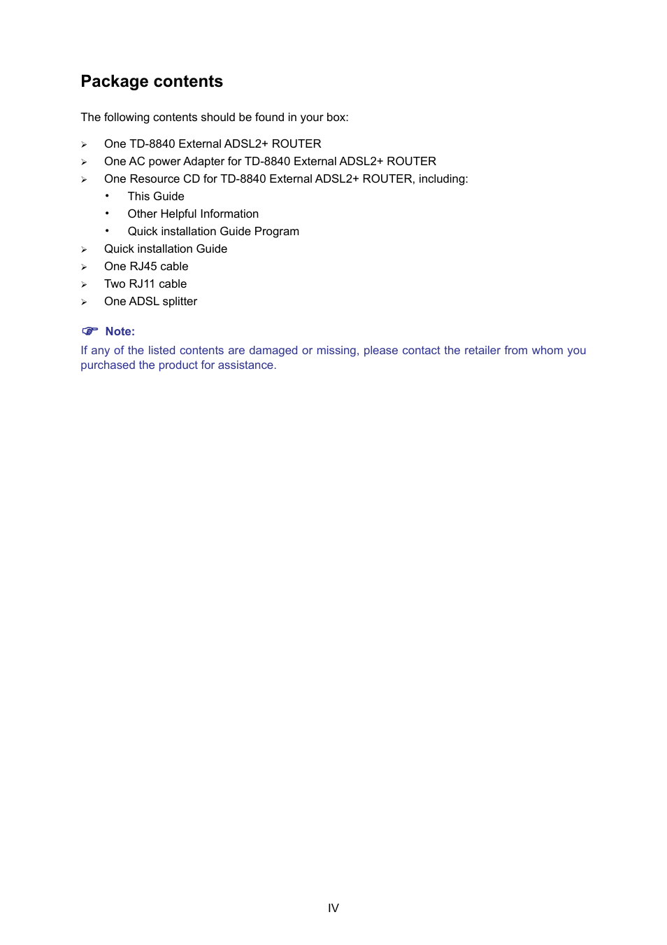 Package contents | TP-Link TD-8840 User Manual | Page 4 / 39