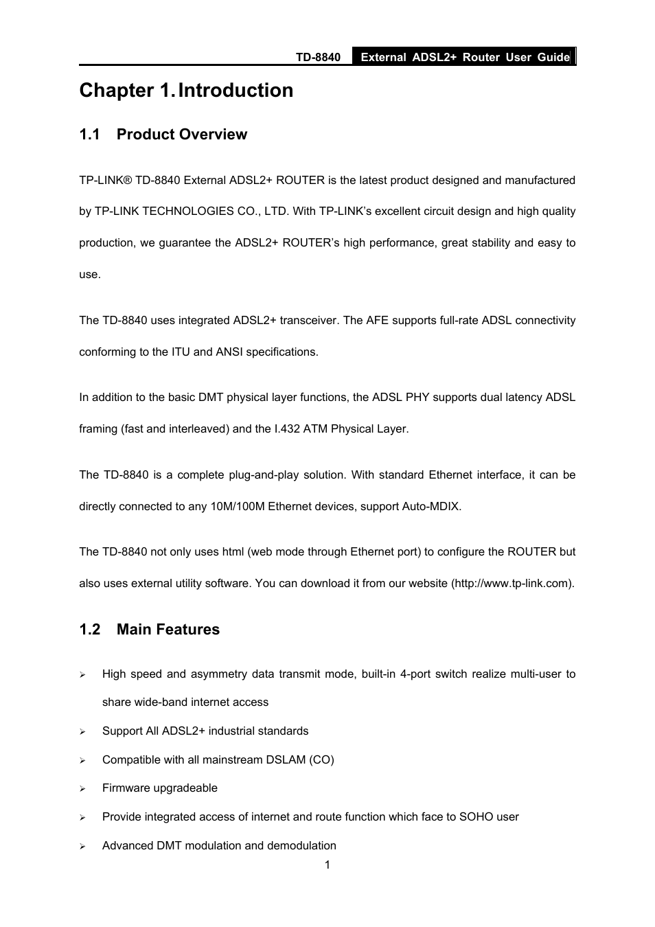 Chapter 1. introduction, 1 product overview, 2 main features | TP-Link TD-8840 User Manual | Page 6 / 39