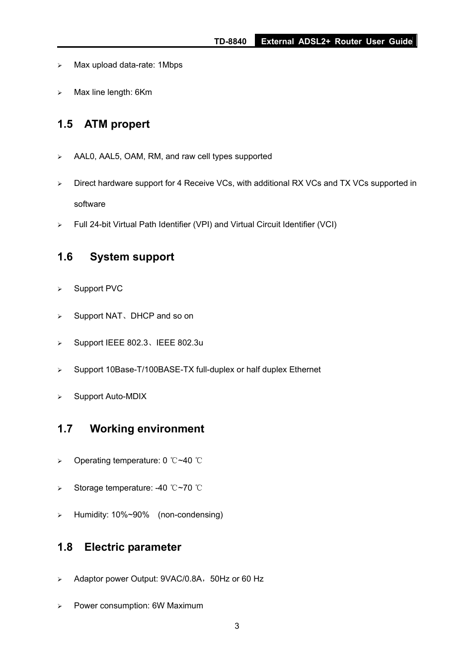 5 atm propert, 6 system support, 7 working environment | 8 electric parameter | TP-Link TD-8840 User Manual | Page 8 / 39