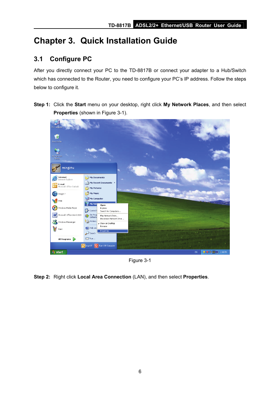Chapter 3. quick installation guide, 1 configure pc, Chapter 3 | Quick installation guide, Configure pc | TP-Link TD-8817B User Manual | Page 12 / 57