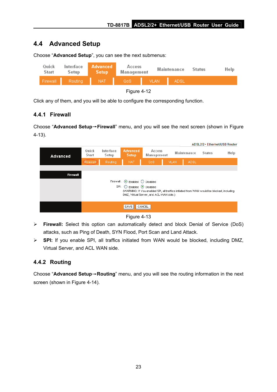 4 advanced setup, 1 firewall, 2 routing | Advanced setup, Firewall, Routing | TP-Link TD-8817B User Manual | Page 29 / 57