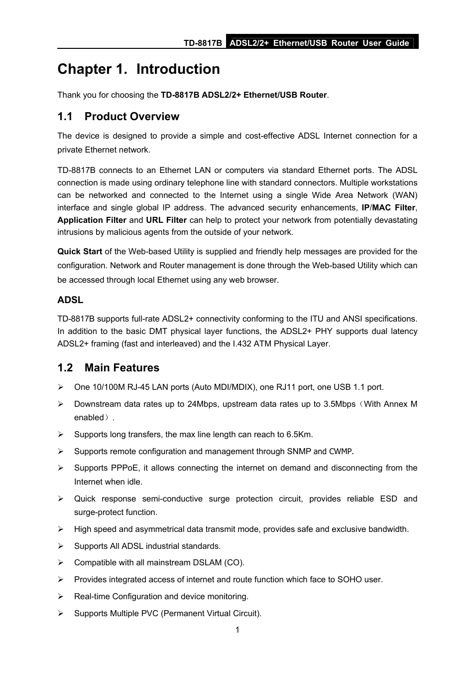 Chapter 1. introduction, 1 product overview, 2 main features | Chapter 1, Introduction, Product overview, Main features | TP-Link TD-8817B User Manual | Page 7 / 57