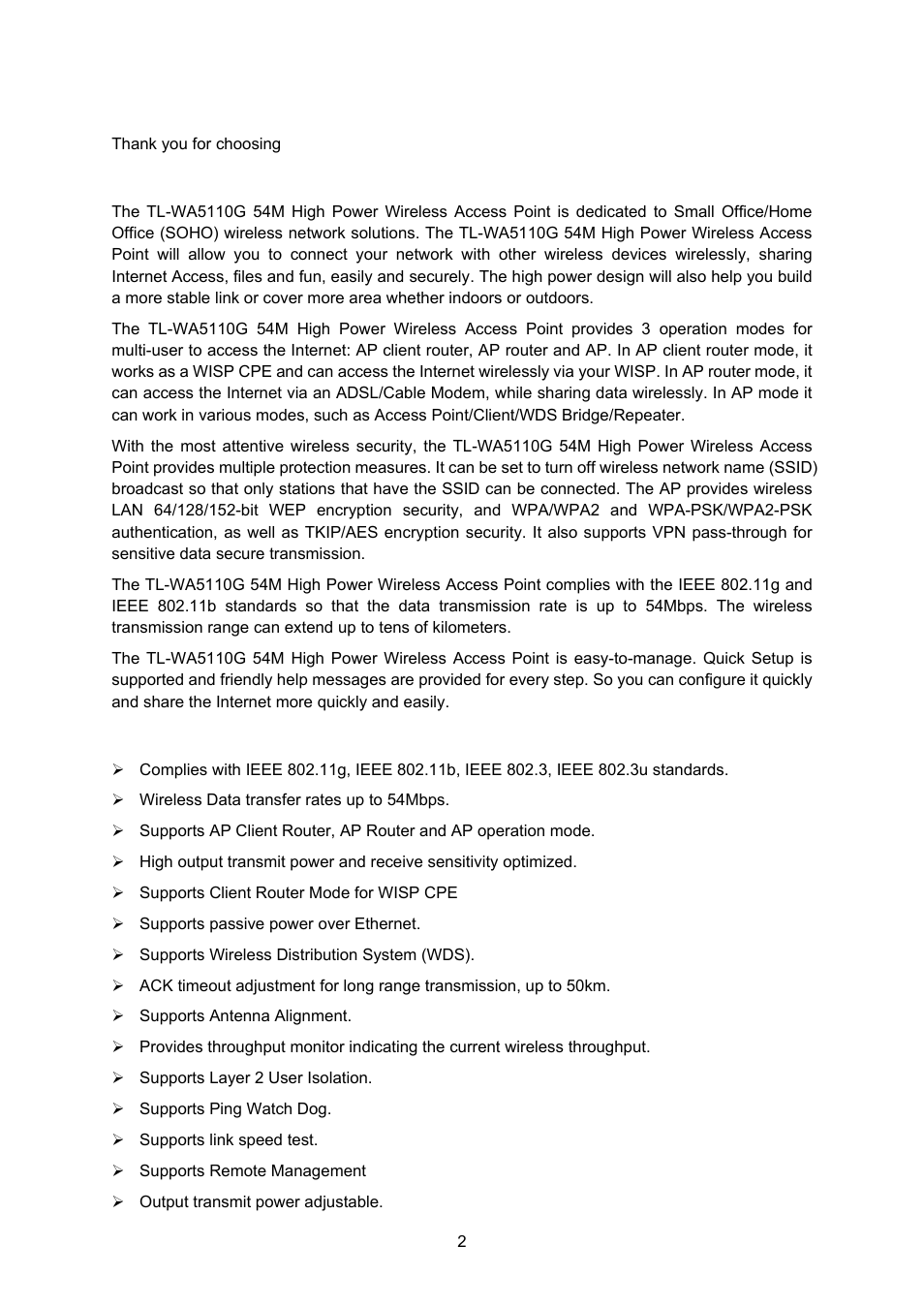 Chapter 1. product overview, 1 overview of the product, 2 features | Chapter 1, Product overview, 1 overview, Of the product | TP-Link TL-WA5110G User Manual | Page 10 / 104