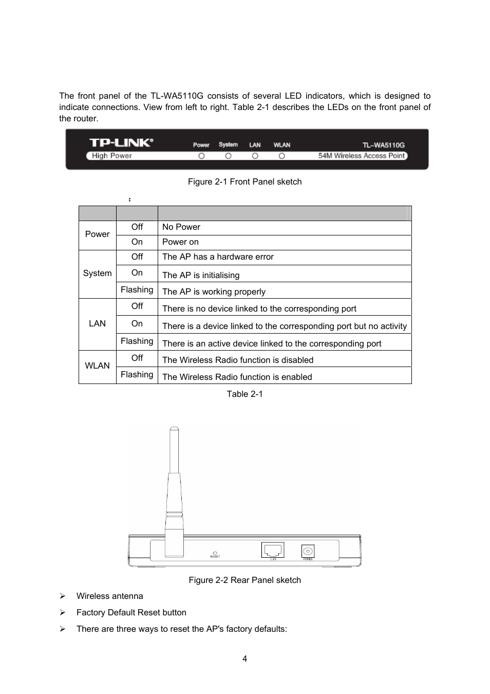 Chapter 2. hardware installation, The front panel, The rear panel | Chapter 2, Hardware installation, Front panel, Rear panel | TP-Link TL-WA5110G User Manual | Page 12 / 104