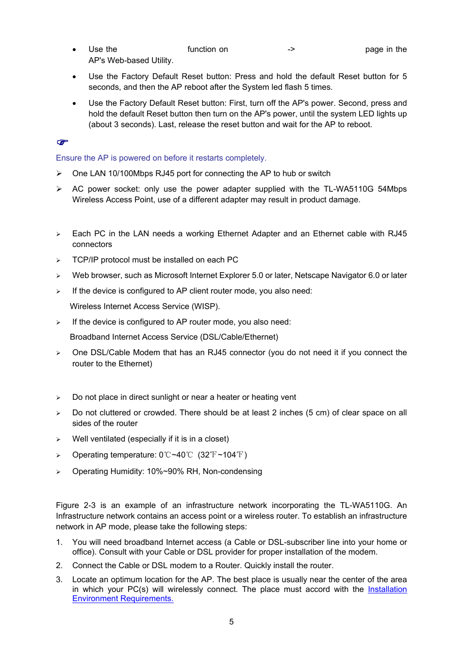 System requirements, Environment requirements, Connecting the device | System, Requirements | TP-Link TL-WA5110G User Manual | Page 13 / 104