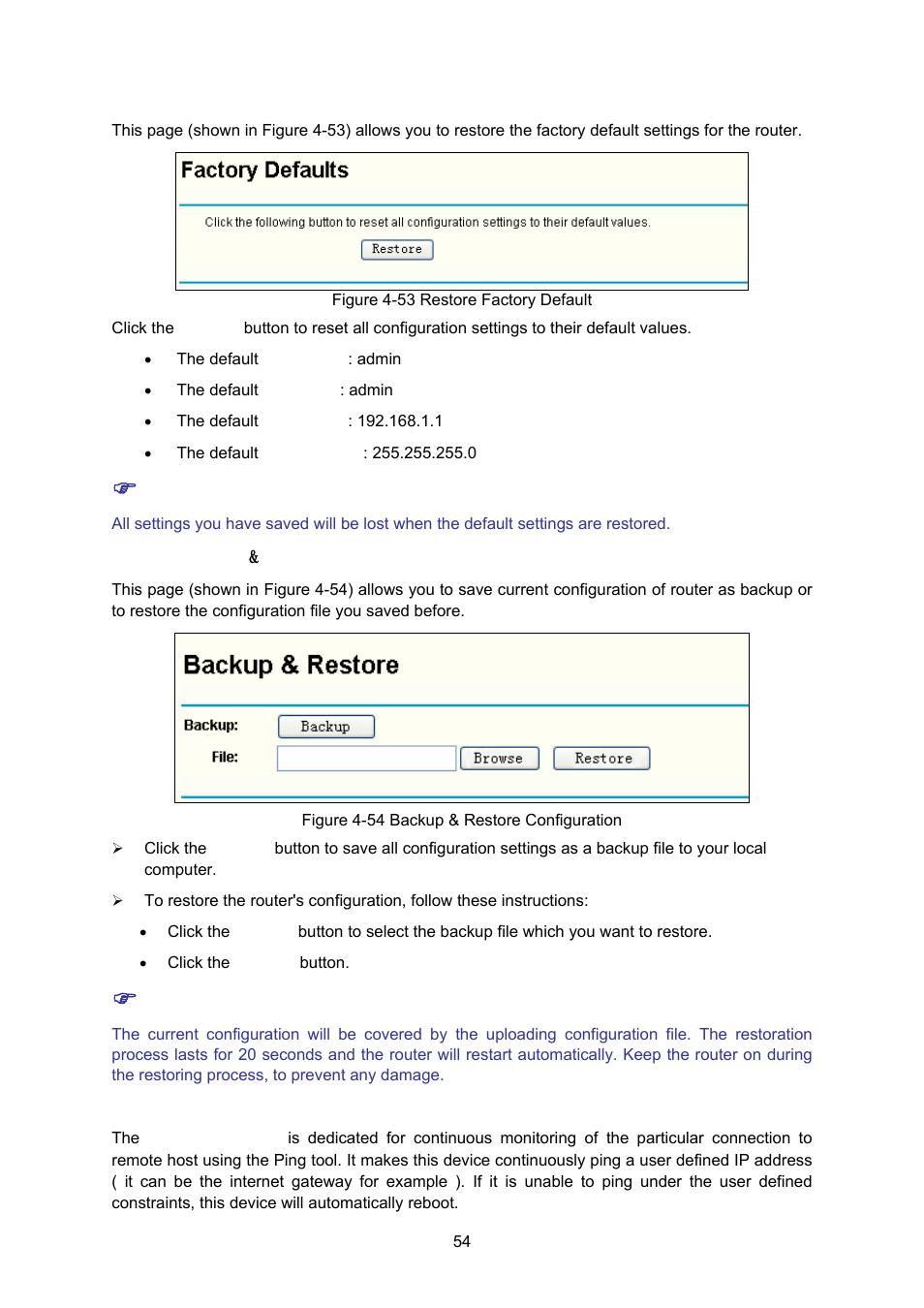 3 factory defaults, 4 backup & restore, 5 ping watch dog | 4 backup, Restore, 5 ping, Watch dog | TP-Link TL-WA5110G User Manual | Page 62 / 104