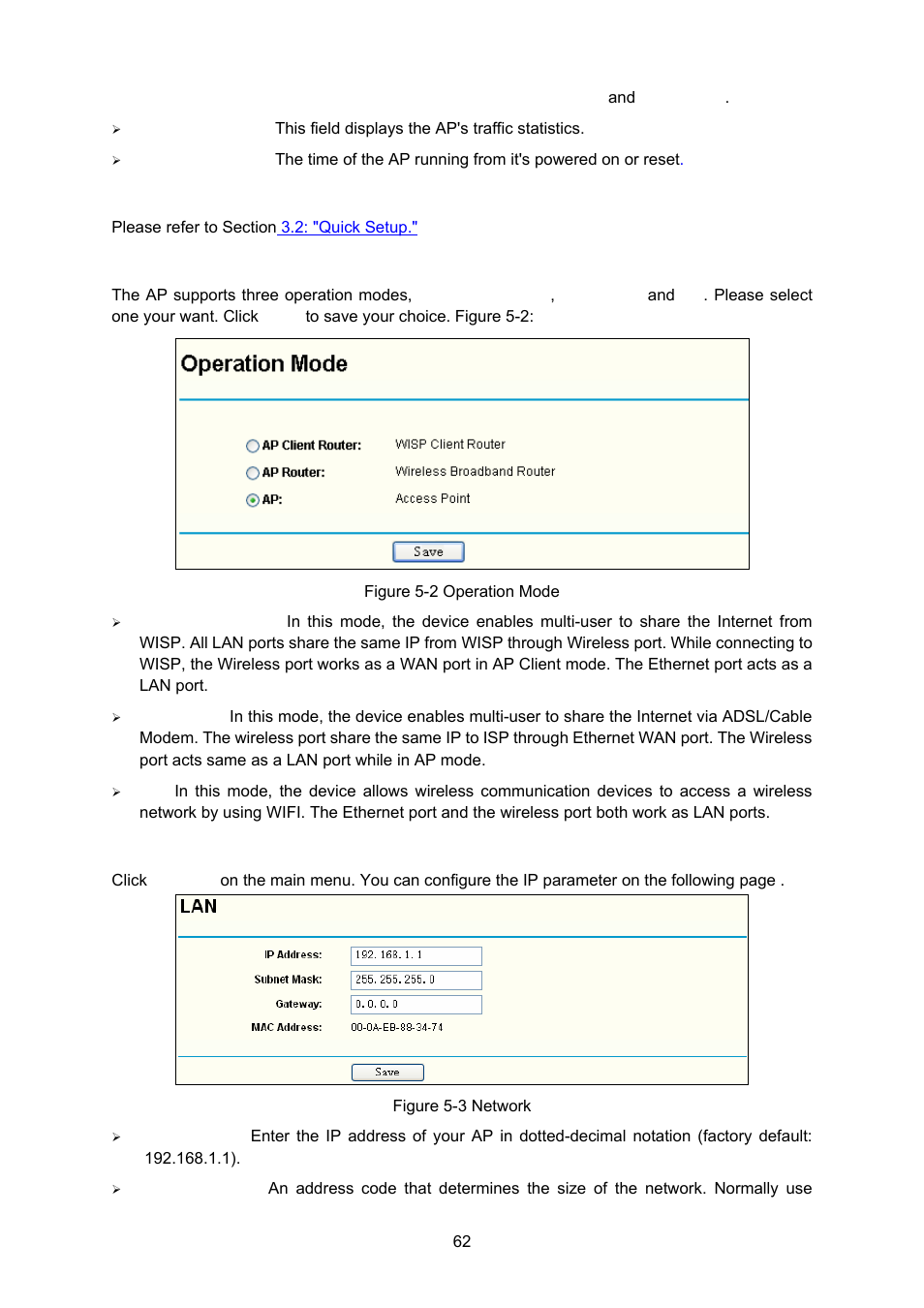 3 quick setup, 4 operation mode, 5 network | 3 quick, Setup | TP-Link TL-WA5110G User Manual | Page 70 / 104
