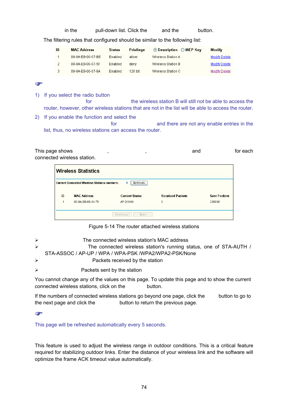 5 wireless statistics, 6 distance setting, Wireless statistics | Distance setting | TP-Link TL-WA5110G User Manual | Page 82 / 104