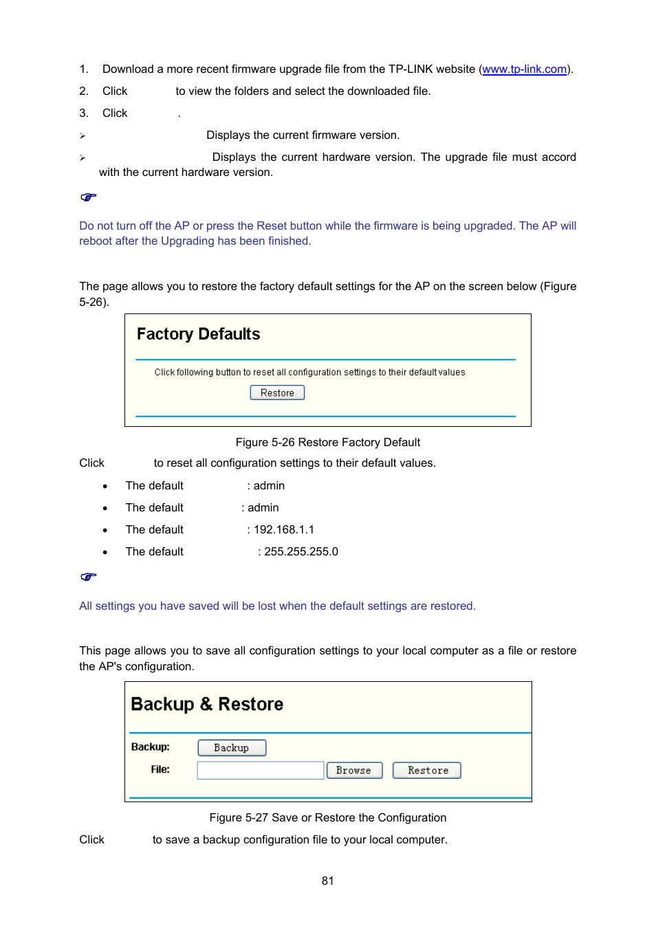 2 factory defaults, 3 backup & restore | TP-Link TL-WA5110G User Manual | Page 89 / 104
