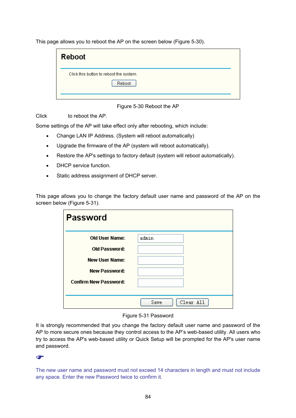 6 reboot, 7 password | TP-Link TL-WA5110G User Manual | Page 92 / 104