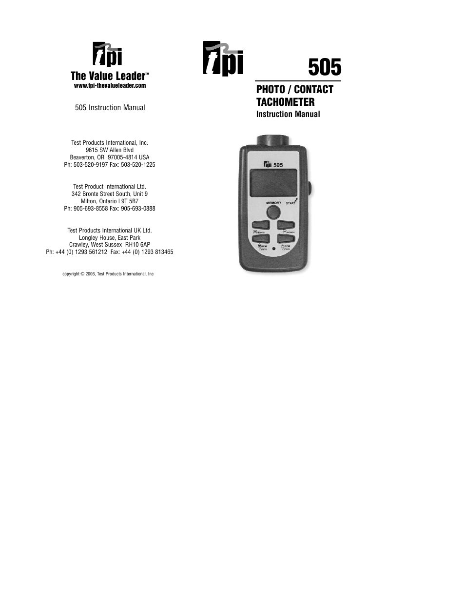 Test Products International 505 User Manual | 4 pages