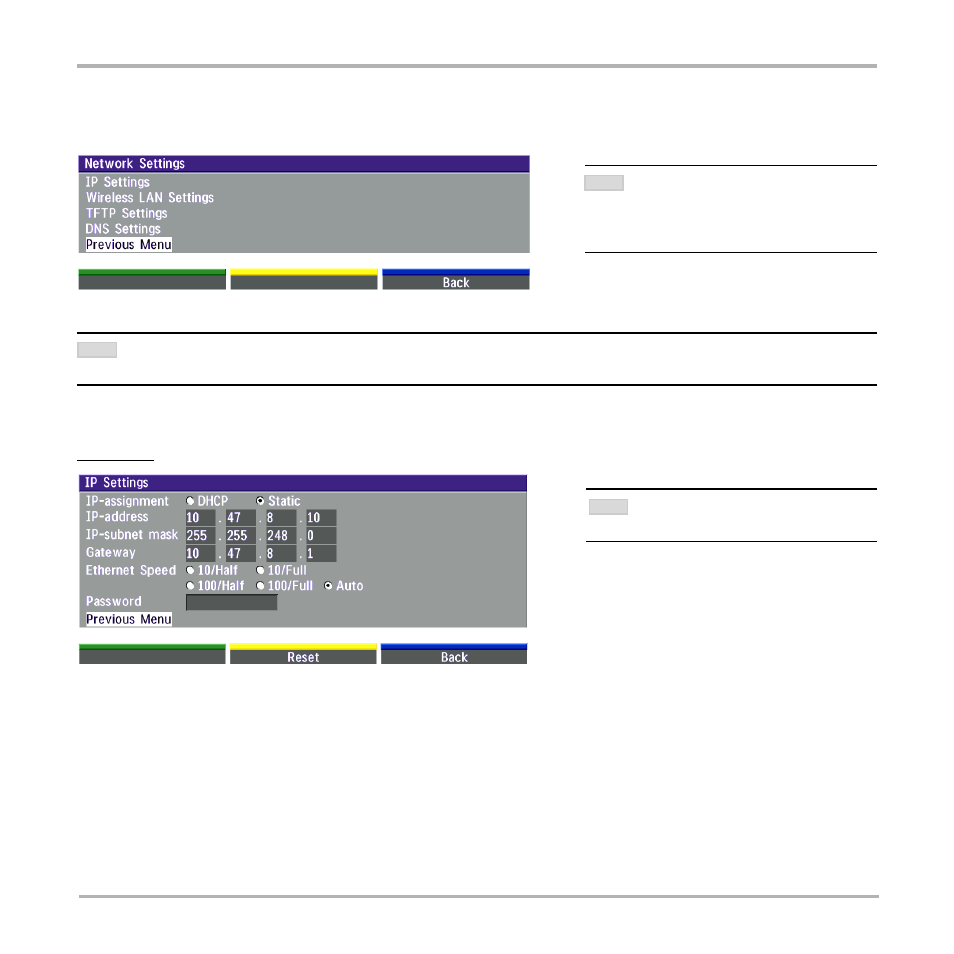 Network settings, Ip settings, Callmanager | TANDBERG 550 User Manual | Page 25 / 36