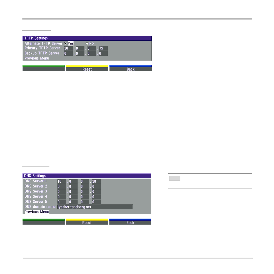 Tftp settings, Dns settings, Tftp settings dns settings | TANDBERG 550 User Manual | Page 28 / 36