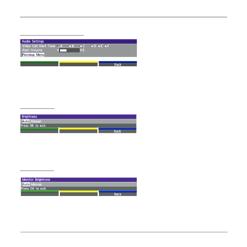 Audio settings, Video call alert tone / alert volume, Video settings | Camera brightness, Monitor brightness, Camera brightness monitor brightness | TANDBERG 550 User Manual | Page 29 / 36