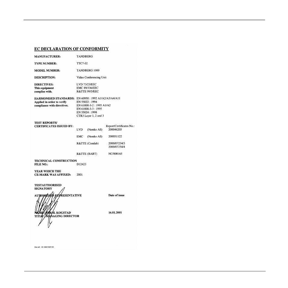 Appendix 2: declaration of conformity | TANDBERG 550 User Manual | Page 34 / 36
