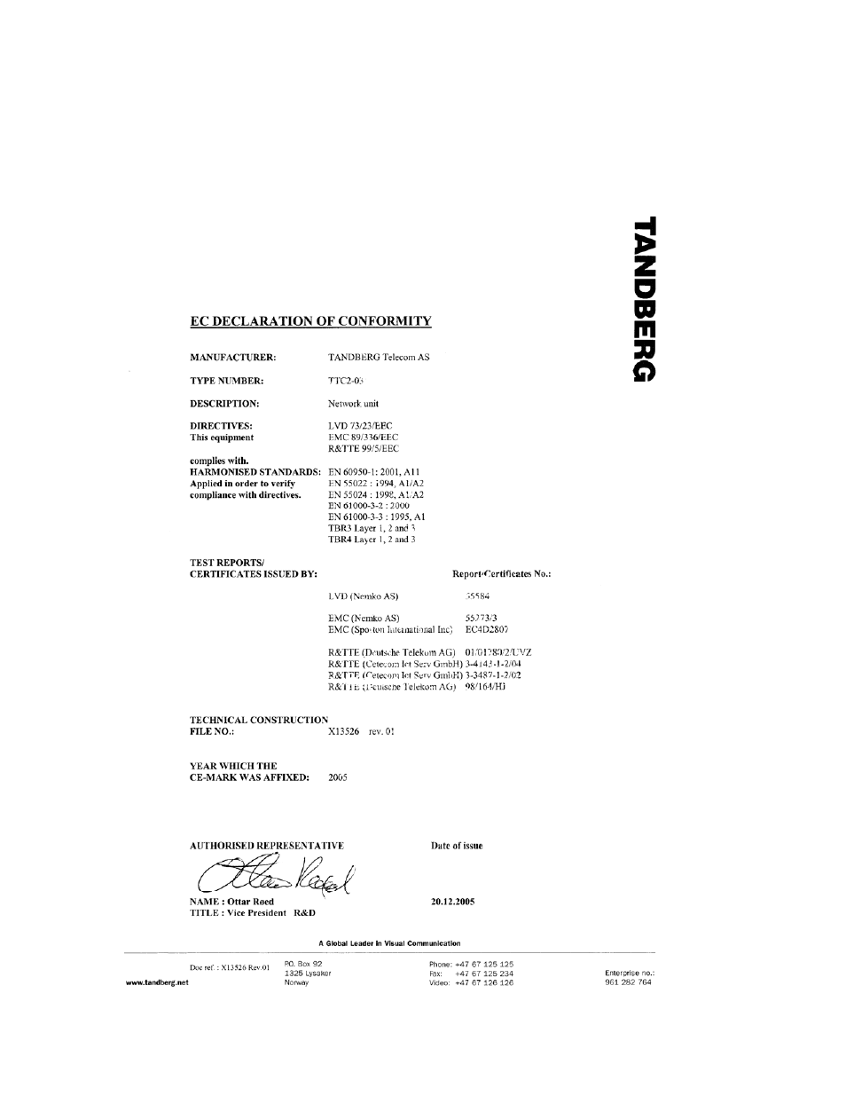 1 appendix 1: declaration of conformity | TANDBERG Hub User Manual | Page 55 / 62