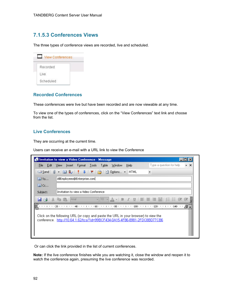 3 conferences views, Recorded conferences, Live conferences | TANDBERG D1389801 User Manual | Page 102 / 113