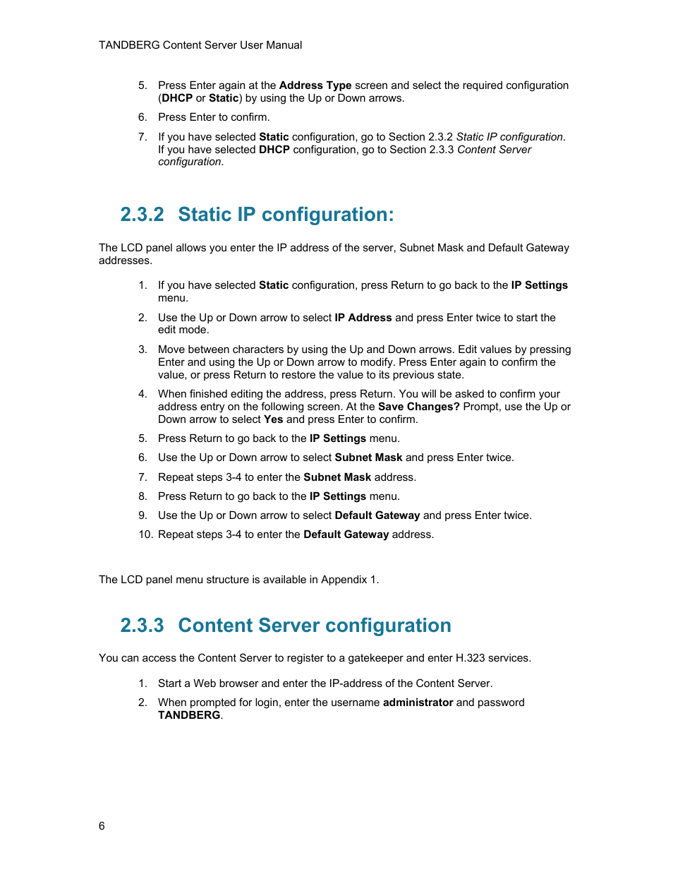 2 static ip configuration, 3 content server configuration, Static ip configuration | Content server configuration | TANDBERG D1389801 User Manual | Page 16 / 113