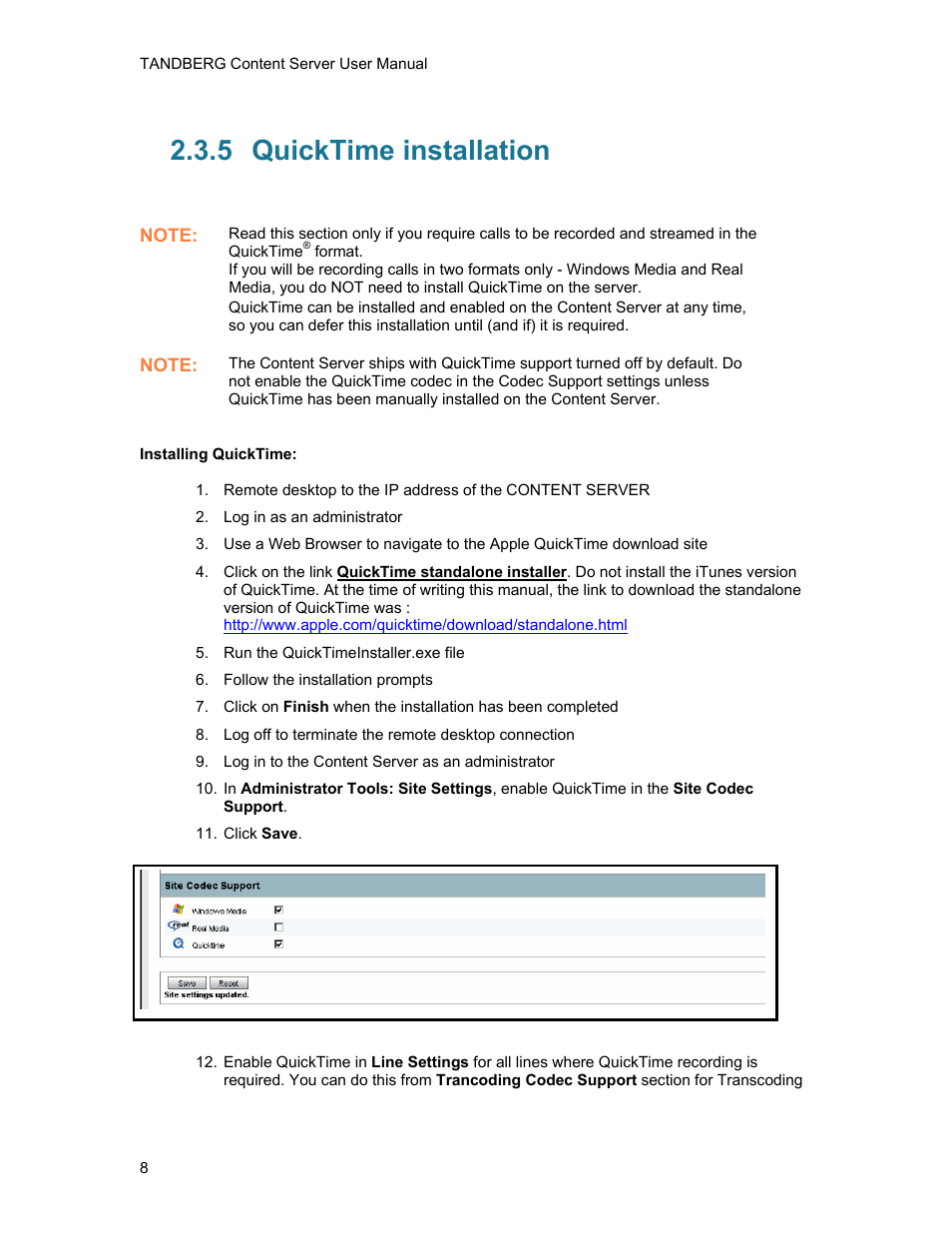 5 quicktime installation, Quicktime installation | TANDBERG D1389801 User Manual | Page 18 / 113