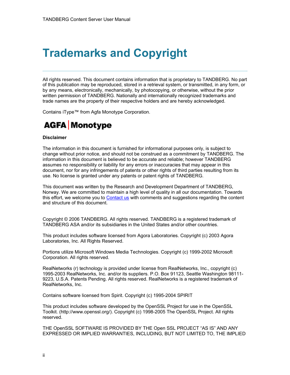 Trademarks and copyright | TANDBERG D1389801 User Manual | Page 2 / 113