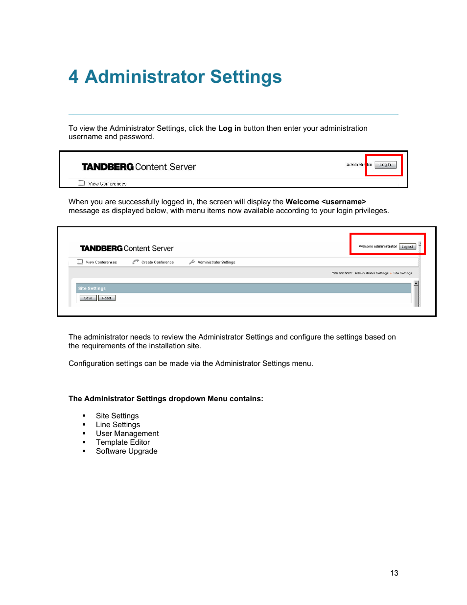 4 administrator settings, Administrator settings | TANDBERG D1389801 User Manual | Page 23 / 113