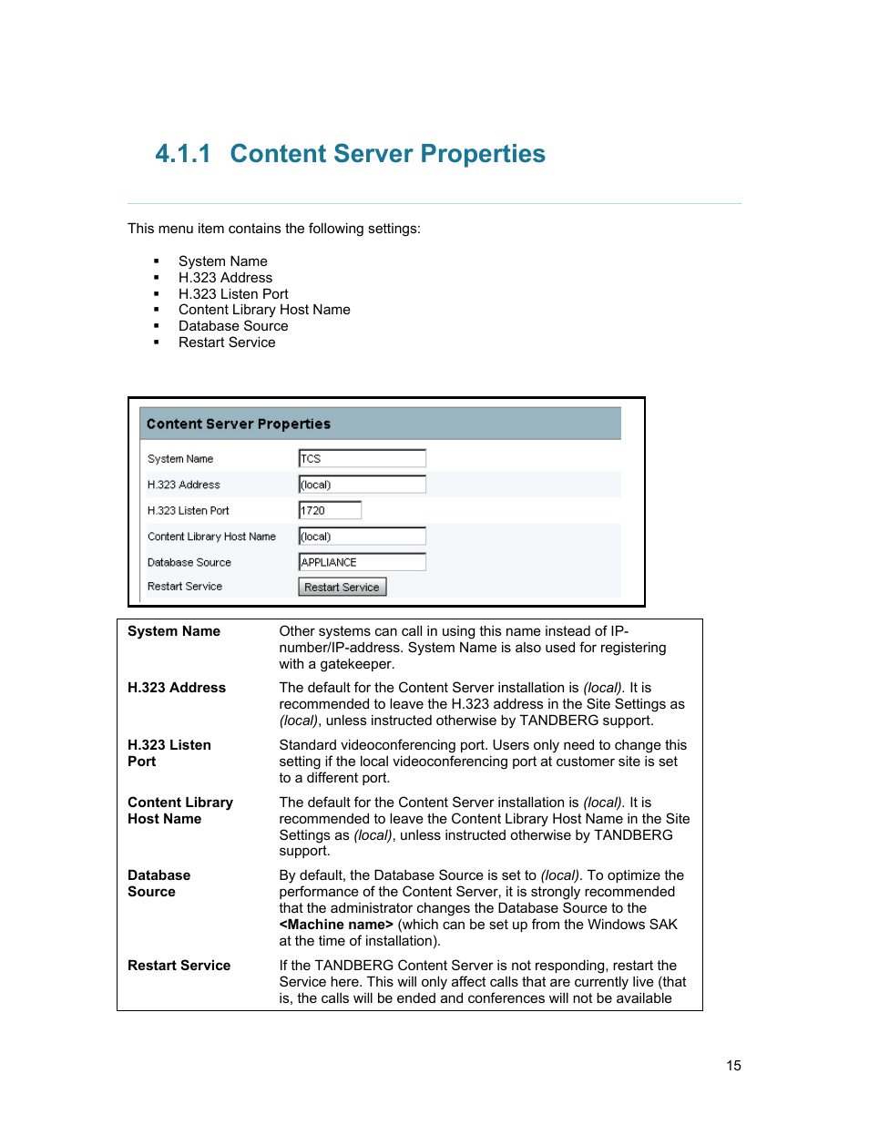 1 content server properties, Content server properties | TANDBERG D1389801 User Manual | Page 25 / 113