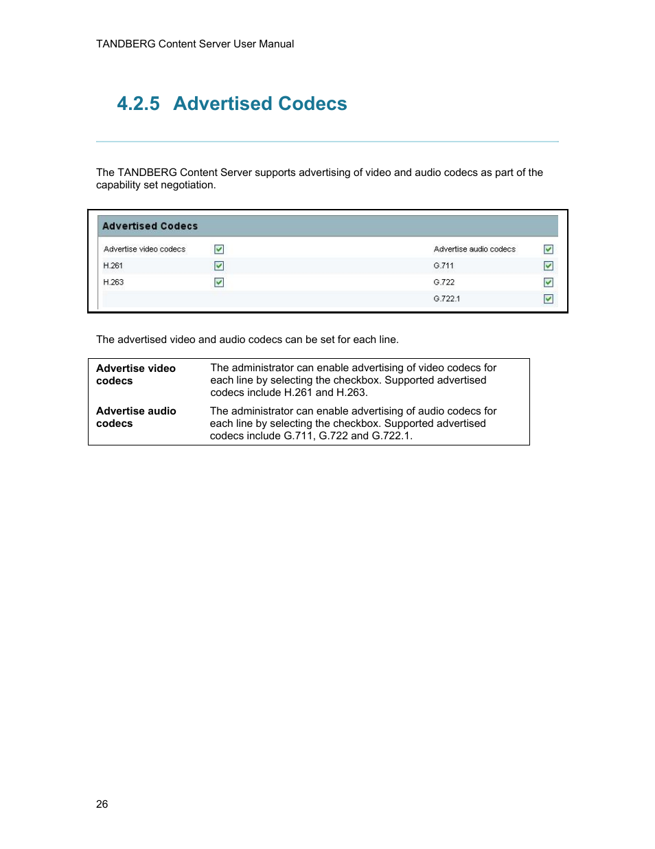 5 advertised codecs, Advertised codecs | TANDBERG D1389801 User Manual | Page 36 / 113