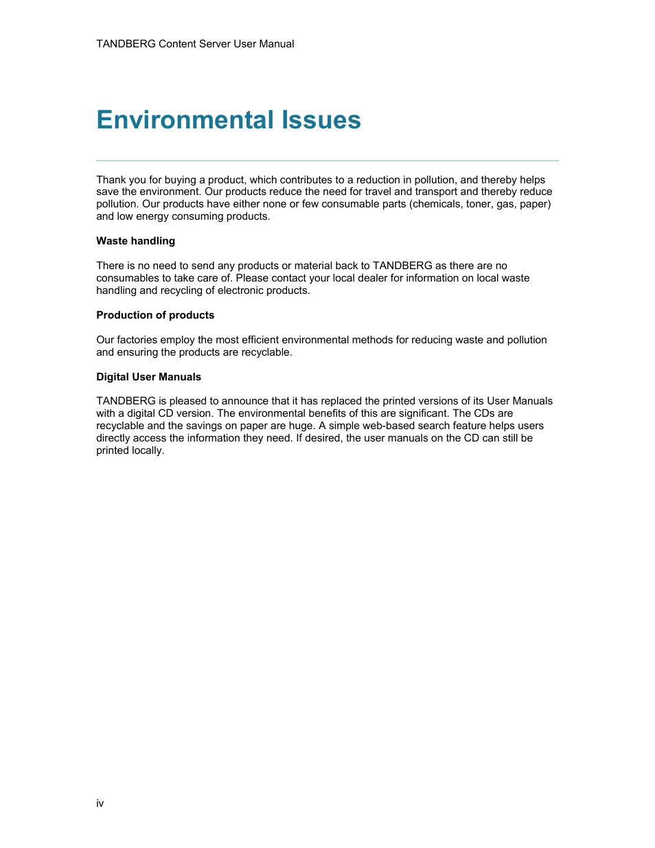 Environmental issues | TANDBERG D1389801 User Manual | Page 4 / 113